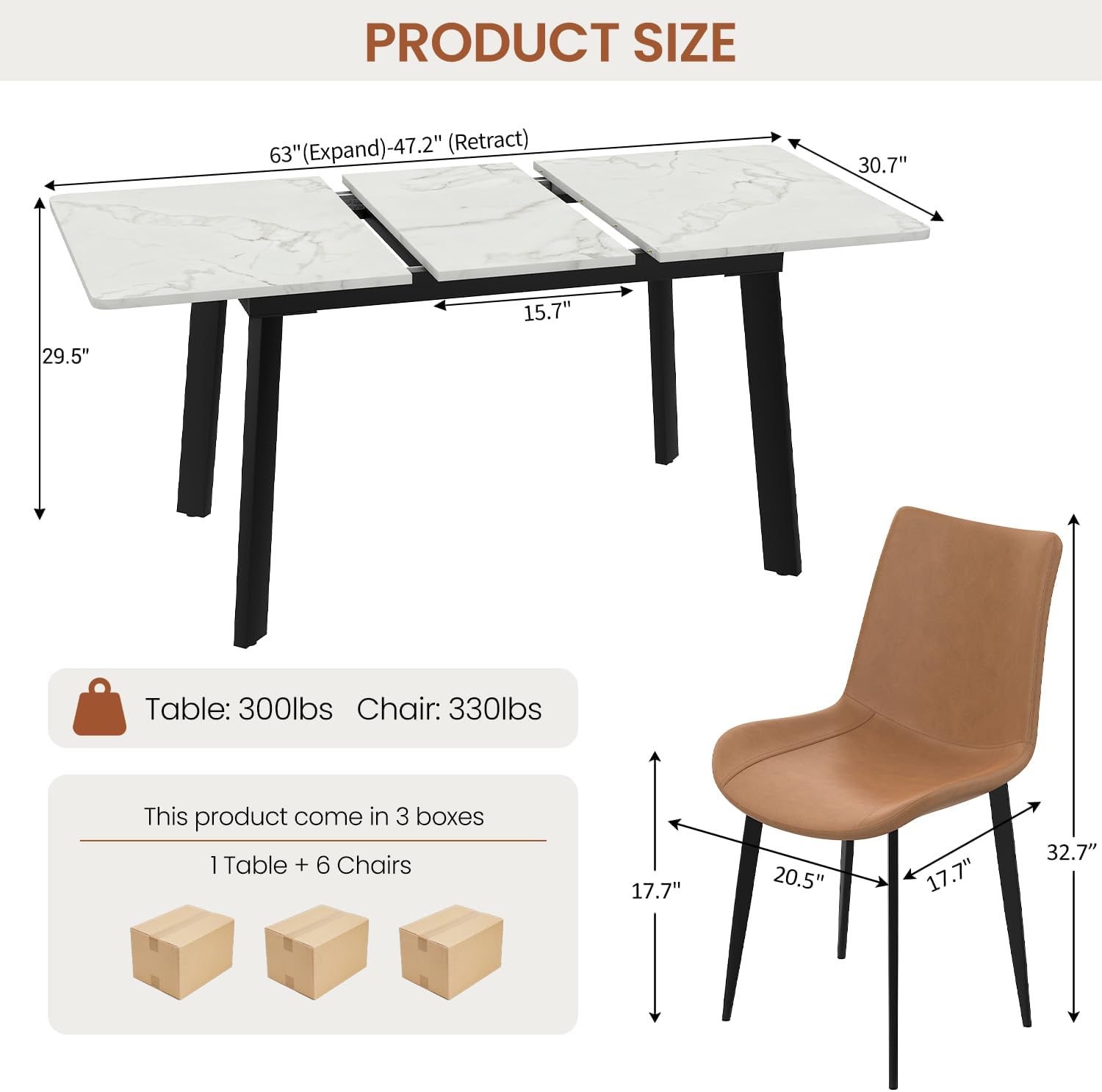 47.2"-63" Extendable Dining Room Table Set for 4-8 People, White | Removable Extension Leaf, Durable MDF Rectangle Tabletop, 6 Brown Sleek Faux Leather Chairs, Heavy Duty Modern Kitchen Table