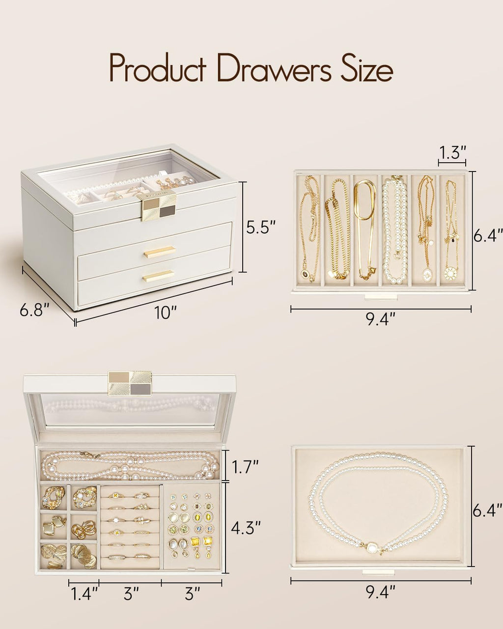 VLANDO Jewelry Box Organizer for Women, 3-Layer Jewelry Storage Case with Glass Lid, Gold Handle, 2 Drawers for Rings, Earrings, Necklaces and Bracelets - Cloud White
