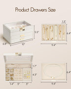 VLANDO Jewelry Box Organizer for Women, 3-Layer Jewelry Storage Case with Glass Lid, Gold Handle, 2 Drawers for Rings, Earrings, Necklaces and Bracelets - Cloud White