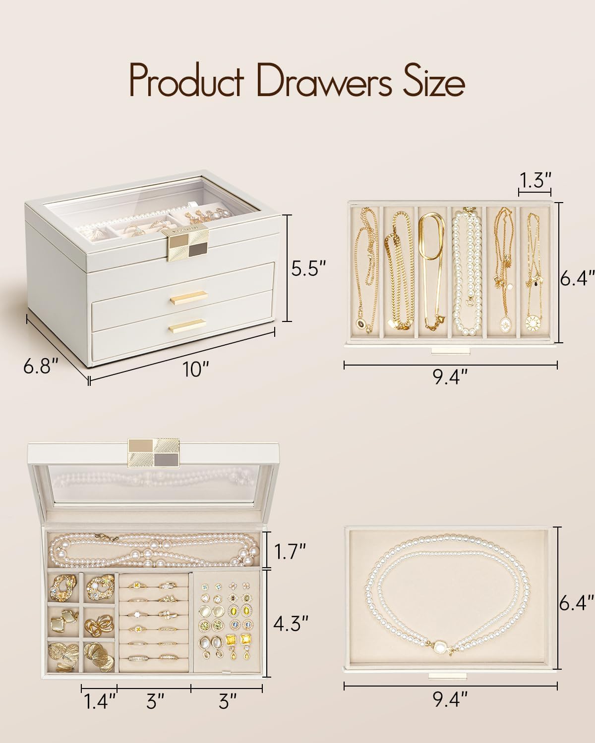 VLANDO Jewelry Box Organizer for Women, 3-Layer Jewelry Storage Case with Glass Lid, Gold Handle, 2 Drawers for Rings, Earrings, Necklaces and Bracelets - Cloud White