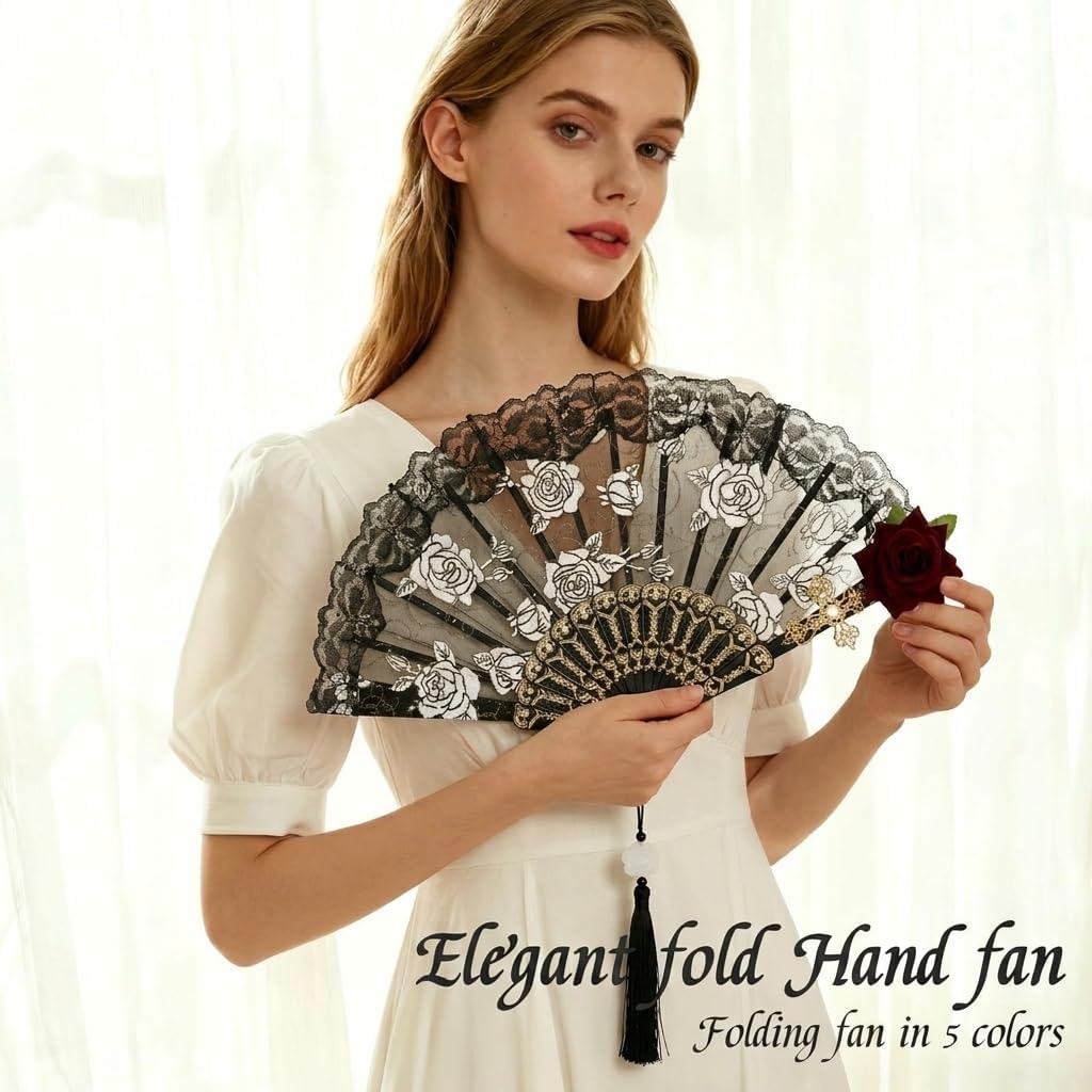 Vintage Lace Folding Hand Fan with Rose & Cross Design, Handmade Decorative Handheld Fan for Party Dance Photography Prop