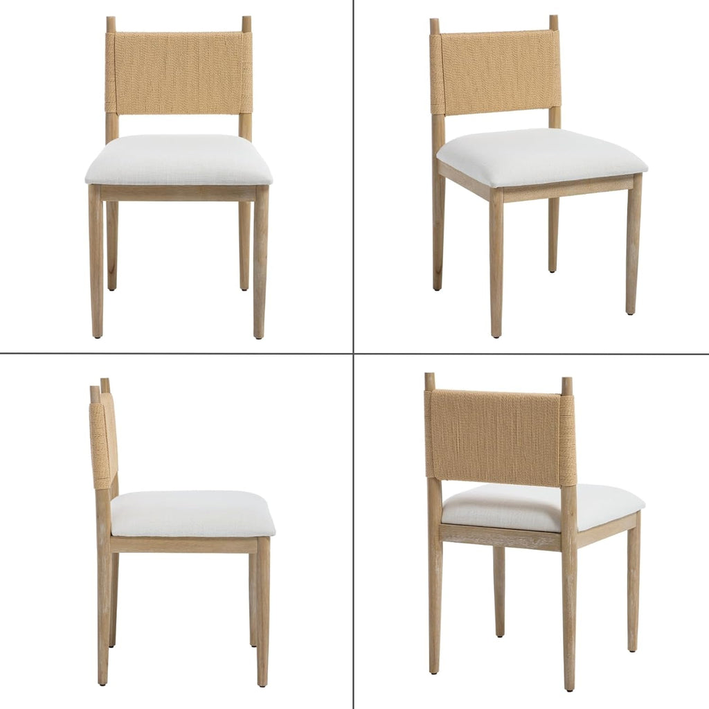 chairus Modern Coastal Dining Chairs Set of 2, Linen Upholstered Fabric Dining Room Chairs with Woven Rope Back, Farmhouse Wooden Kitchen Chairs, Natural Wood