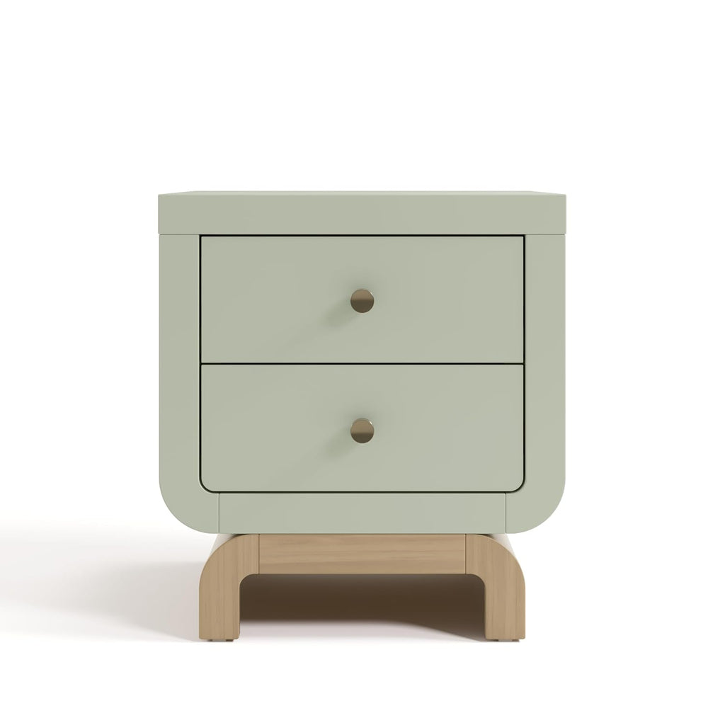 Storkcraft Santorini 2 Drawer Nightstand, Sage & Driftwood | GREENGUARD Gold Certified Nightstand for Kids Bedroom, Premium Wood with Curved Base, “Champagne” Metal Knobs