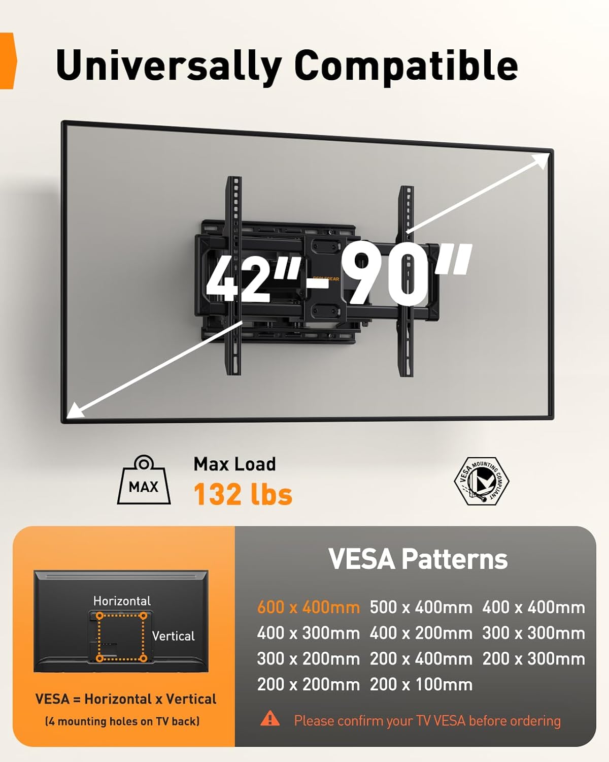 Perlegear UL Listed Full Motion TV Wall Mount for 42-90" TVs up to 132lbs, Heavy Duty TV Mount with Dual Articulating Arms, Tool-Free Smooth Tilt, Swivel, Fits 16" Studs, Max VESA 600x400mm, PGLF8