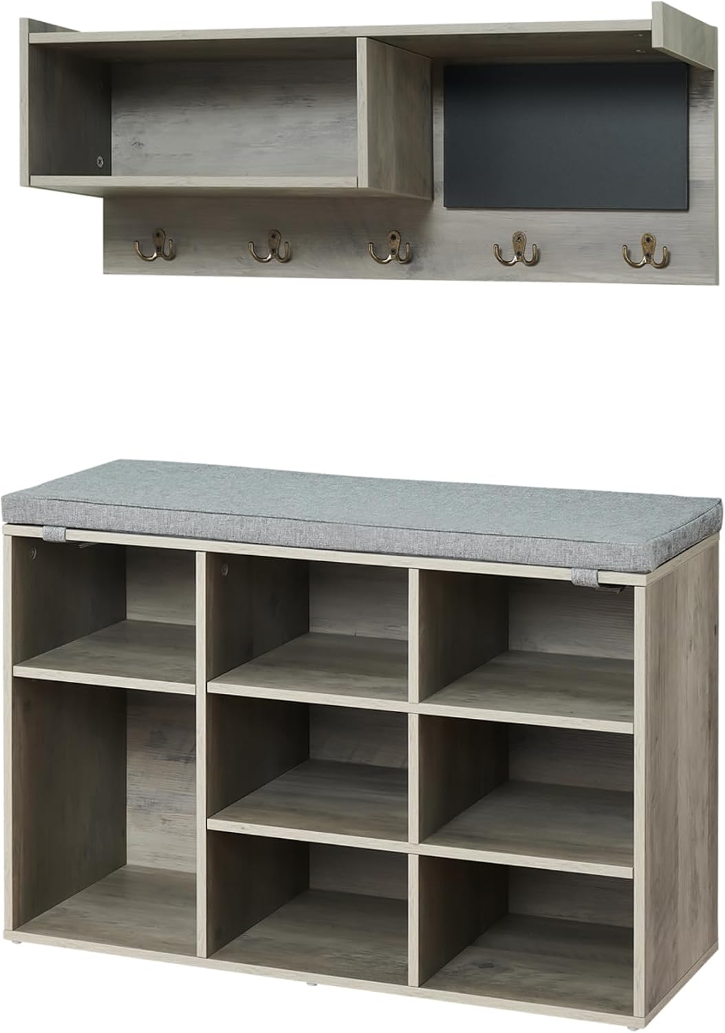 Entryway Shoe Bench with Coat Rack, Cushioned Storage Seat with Cubbies, Shoe Rack Bench for Front Door Entrance, Hall Tree with Hooks, Blackboard & Extra Storage for Entryway, Hallway & Living Room