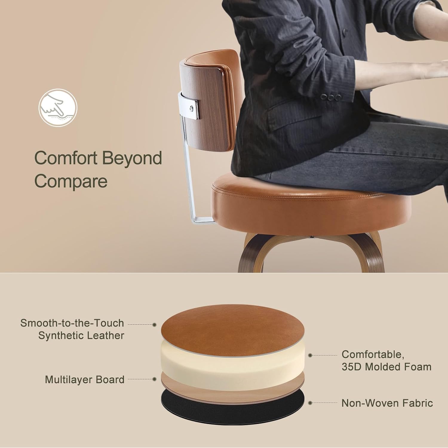 Bekrvio Swivel Counter Height Bar Stools Set of 3, 26" Faux Leather Kitchen Stools Upholstered Barstools with Back and Walnut Wood Legs, Mid Century Island Chairs Counter Stools, Brown