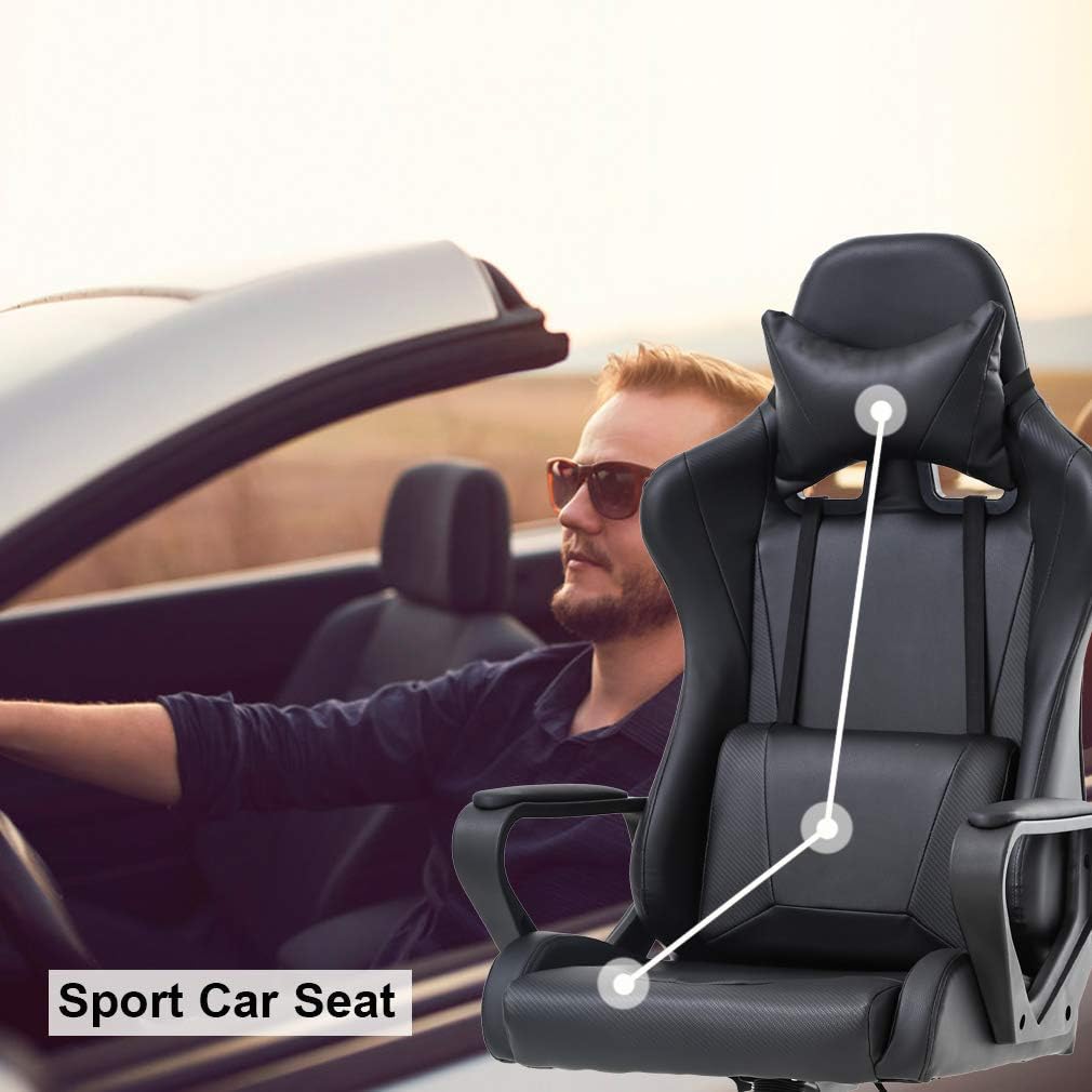 High Back Gaming Chair Ergonomic Racing Heavy Duty Office Chair Pc Video Game Chair, Lumbar Support with Arms & Headrest Chic Racing Style Desk Chair, Swivel Adjustable Best Home Office Chair - Black