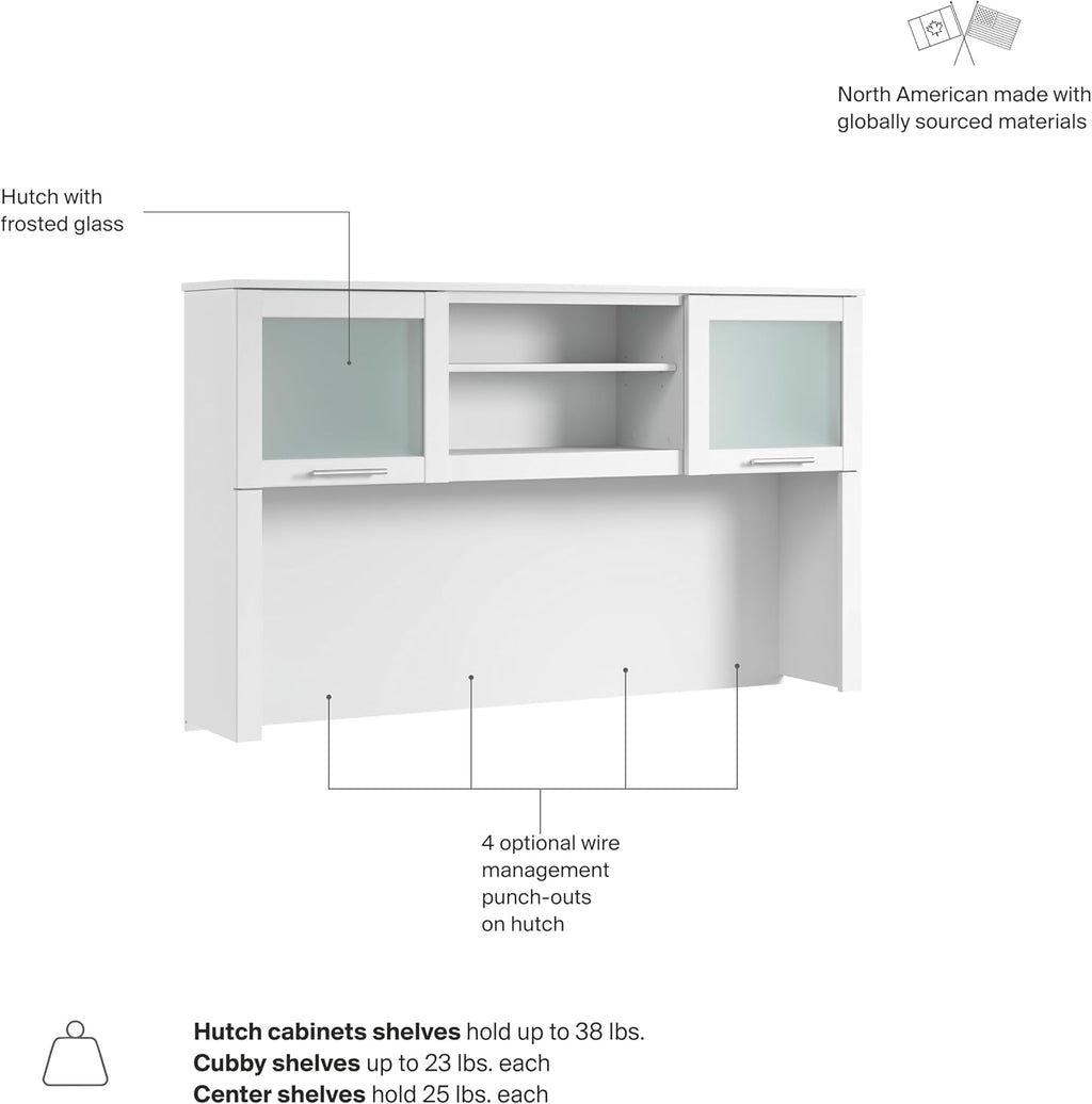 Bush Home 60-Inch Desk Hutch, Office Storage Organizer with Shelves, Cubbies and Frosted Glass Doors for Computer Desk, Home Office Furniture, Somerset Collection, White