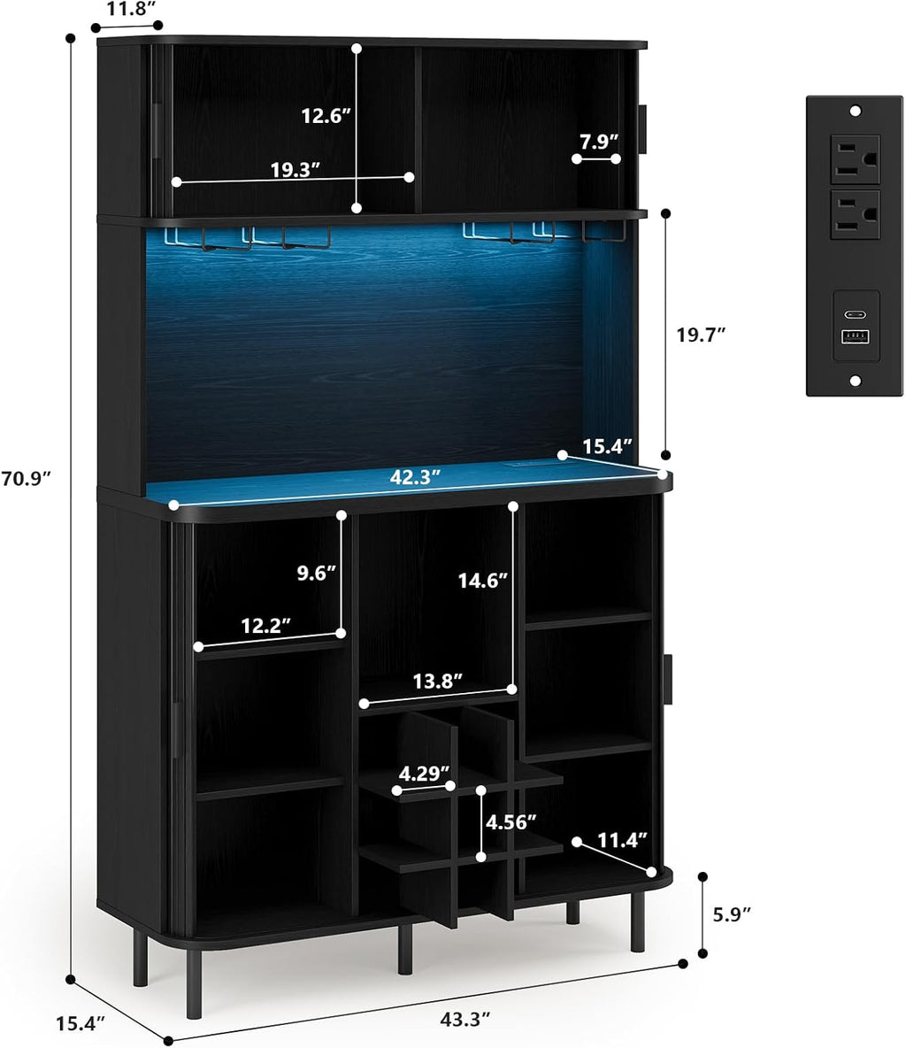 ONBRILL 71" Tall Wine Bar Cabinet with Storage, Fluted Wood Coffee Bar Cabinet with LED Lights, Modern Liquor Cabinet for Home with Wine Glass Racks, Large Home Bar for Living Room Kitchen