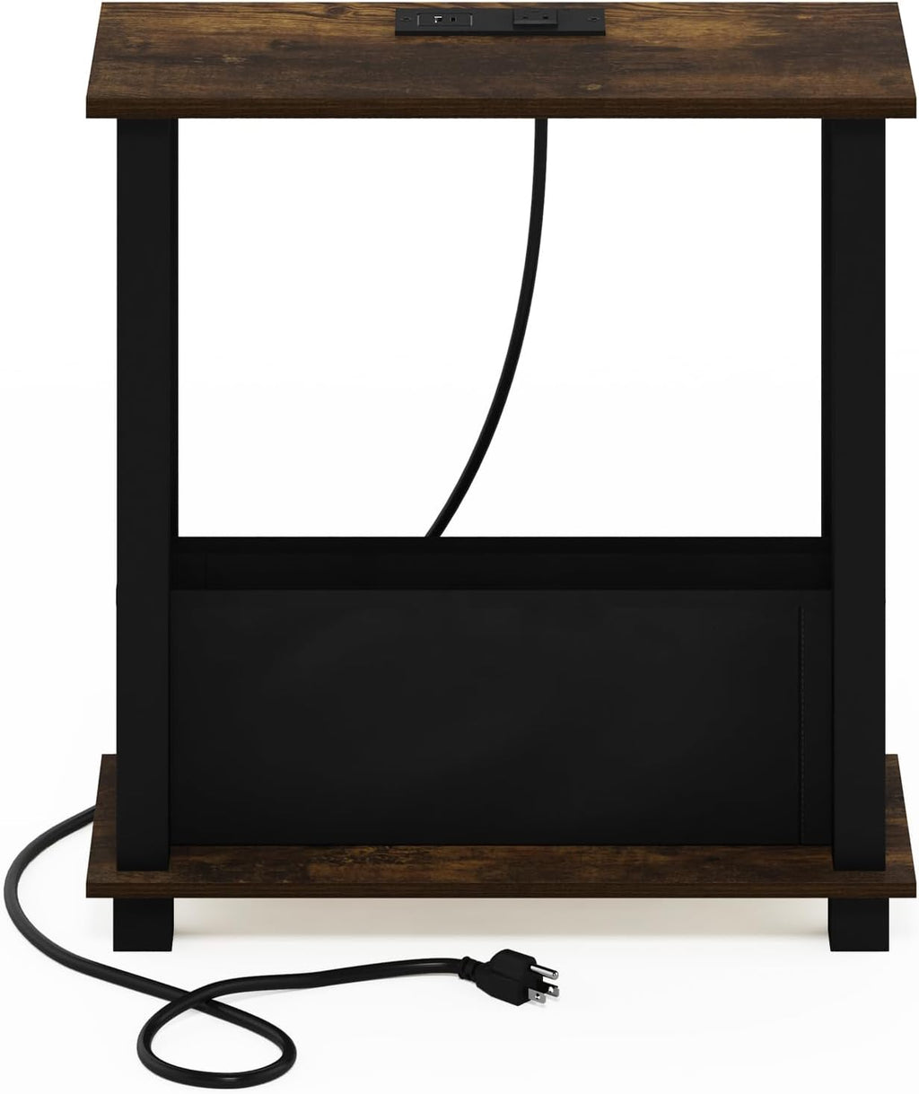 Furinno Turn-S-Tube 2-Tier Slim Narrow Side Table with Charging Station and Storage Bins, End Table, Night Stand, Bedside Table with USB and Type-C Charging Port, for Living Room, Bedroom, Amber Oak
