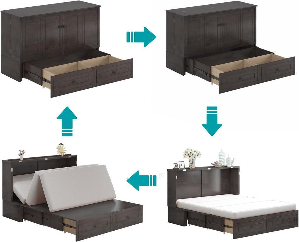 BALUS Queen Size Murphy Bed Cabinet, Modern Cabinet Murphy Beds with Tri-Fold Memory Foam Mattress for Bedroom, Adults Chest Wall Bed with Built-in USB Charging Station, Storage Drawer (Dark Grey)