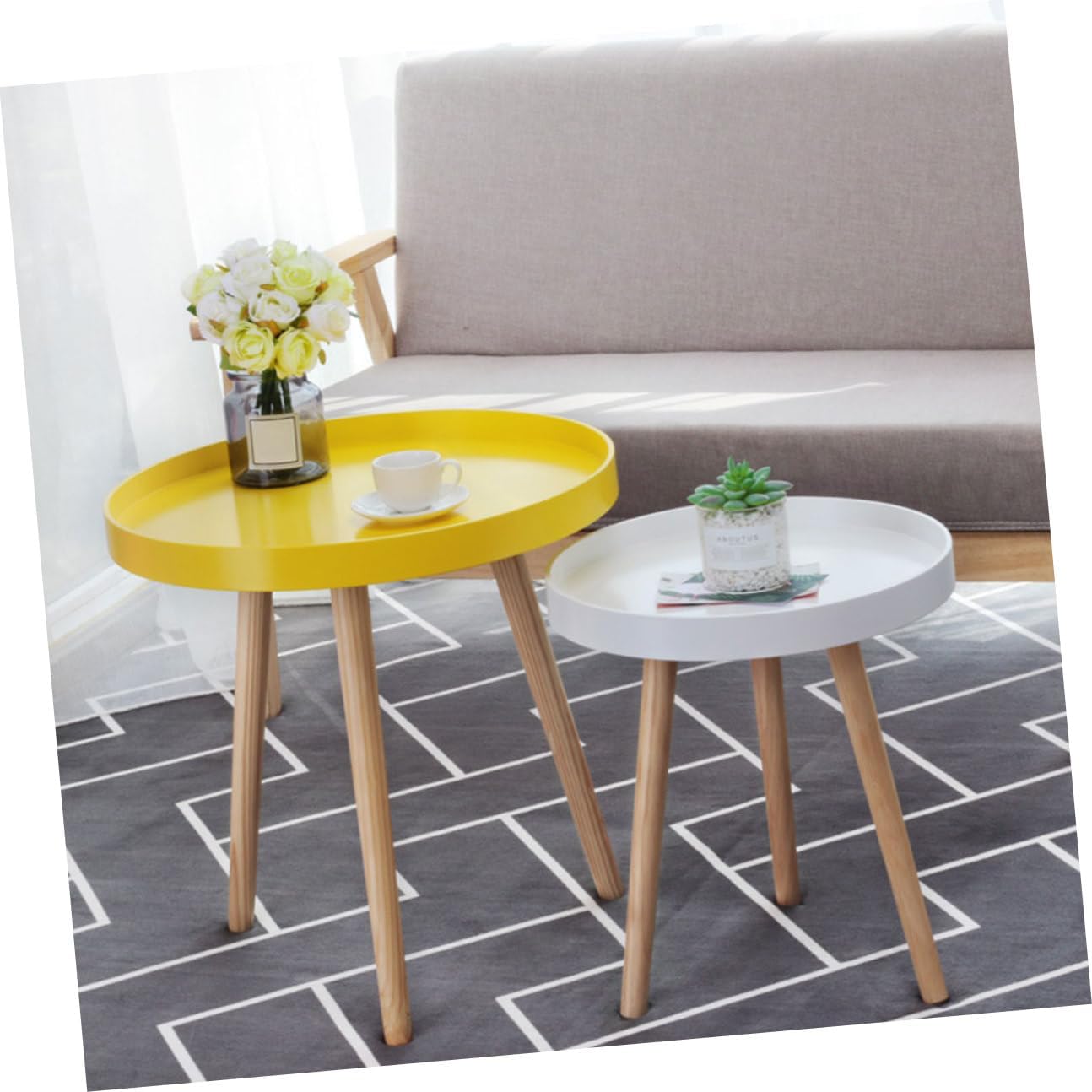 Nordic Style Small Round Coffee Table Creative Mini Sofa Side Table Yellow for Living Room Bedroom Use