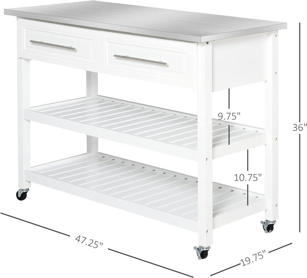 HOMCOM Kitchen Island with Stainless Steel Top, Traditional Kitchen Island with Storage, Butcher Block Cart 2-Tier Open Shelves, Drawers, White