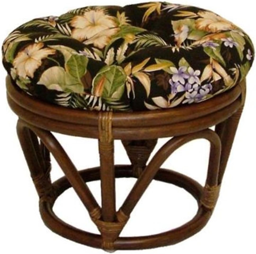 Maykoosh Rustic Recluse Rattan Ottoman/Footstool with Tufted, Round Outdoor Fabric Cushion, Dark Walnut Stain Finish Frame, Stylish and Comfortable Patio Furniture