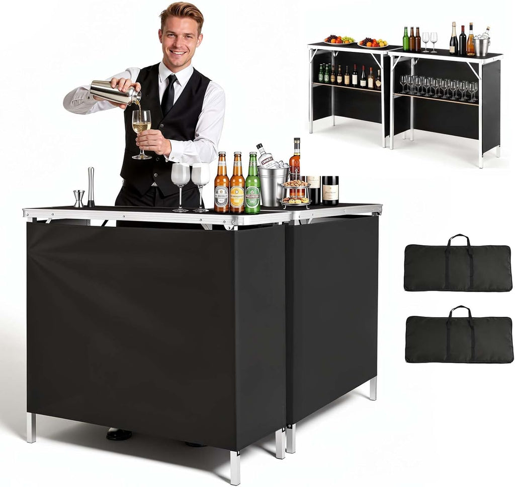 VEVOR Folding Portable Bar Table, 2 pcs, 38.6 x 15.2 x 34.3 in, with Carry Bag, Storage Shelf, Detachable Skirt, Quick and Easy Setup, Foldable Mobile Bartending Station for Events, Party, Tradeshow