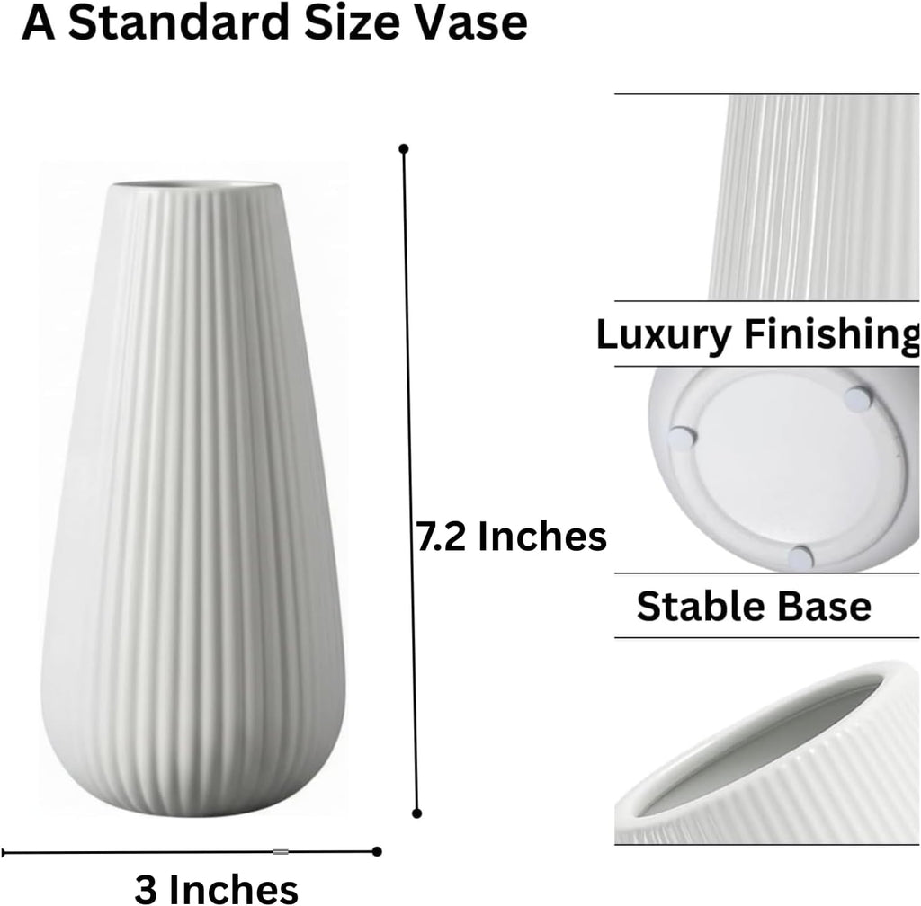 Luxury White Ceramic Vase, 8 Inch Modern Ribbed Fluted Design, Flower Vase for Home Decor, Cute Vase for Pampas Grass, Living Room, Dining Table, Farmhouse, Office, Bedroom, Kitchen Shelf