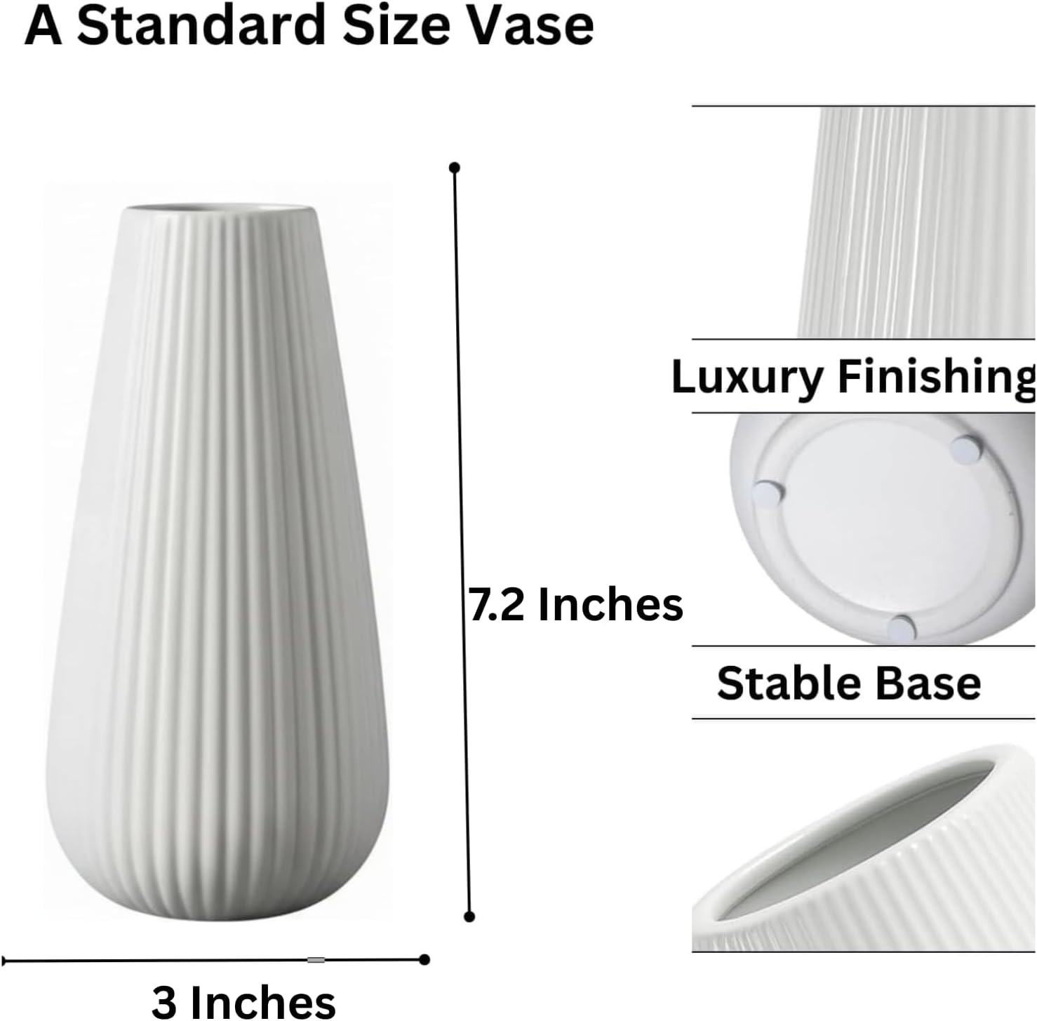 Luxury White Ceramic Vase, 8 Inch Modern Ribbed Fluted Design, Flower Vase for Home Decor, Cute Vase for Pampas Grass, Living Room, Dining Table, Farmhouse, Office, Bedroom, Kitchen Shelf