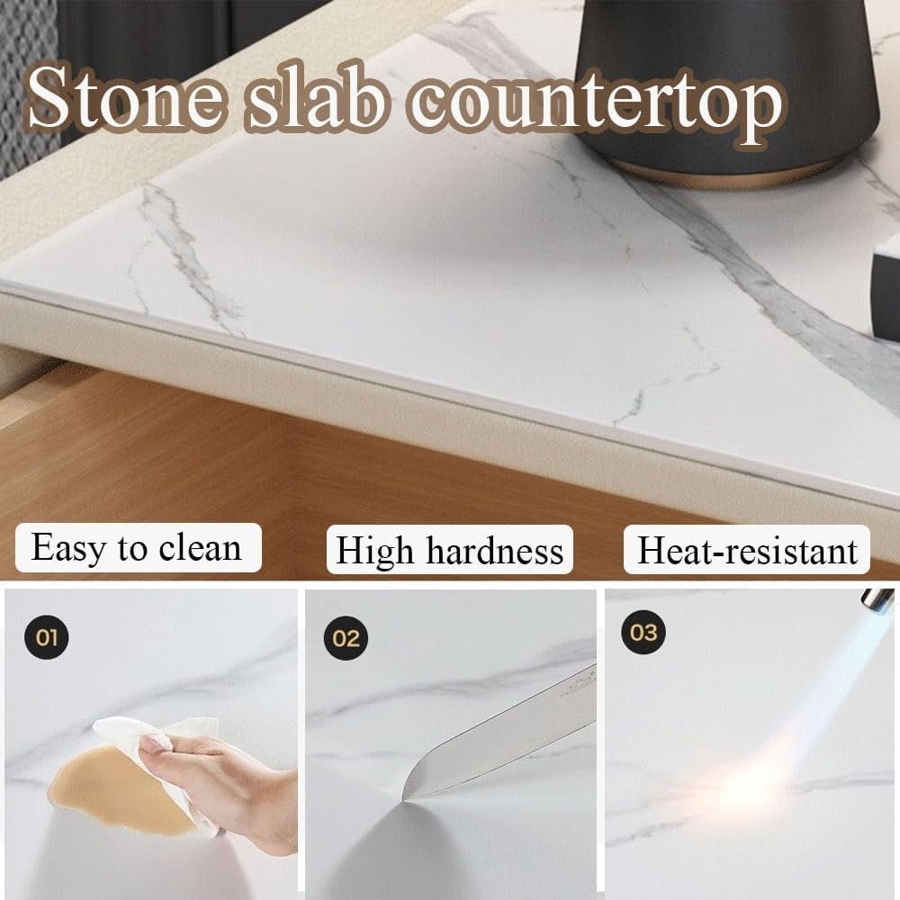 Wood Night Stand with Stone Slab Desktop Modern Bedside Table Side Table Decor Table with Storage for Boudoir All Occasion(White,40 cm)
