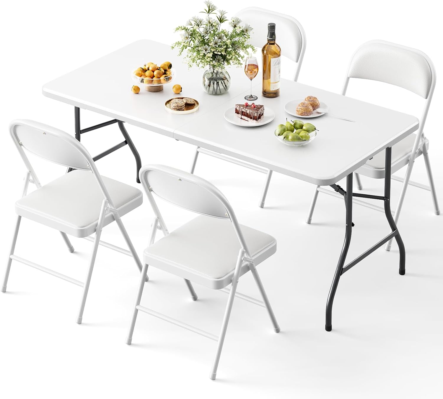 Folding Table and Chairs, 5ft Folding Table with Adjustable Height& PU Leather Padded Folding Chairs 4, Portable Table and Chairs Set for Indoor&Outdoor Party, Camping Use(White Table& White Chair)