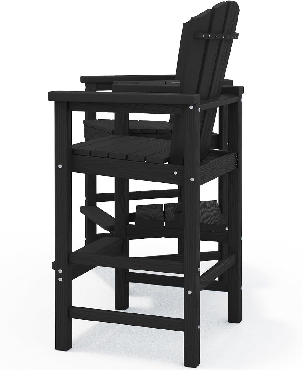 KINGYES Tall Adirondack Chair Set of 2 with Double Connecting Trays, Outdoor HDPE Adirondack Barstools, High Airondack Chair with Wood Grain, Embossed Balcony Chair for Backyard, Black