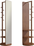 CHANCEE 360° Rotating Mirror Coat Rack, Solid Wood Standing Mirror with Storage Hooks and Shelves, Space-Saving Multifunctional Organizer for Bedroom, Living Room, or Cloakroom (Walnut)