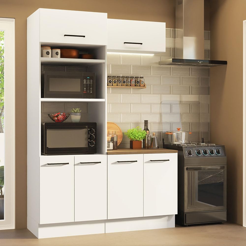Madesa Hazel 3-Piece Kitchen Storage Set with 3 Doors 3 Open Shelves Pantry Cabinet 2 Doors Base Cabinet and Horizontal Door Wall Cupboard 59 Inch Wooden Organization Units for Pantry - White