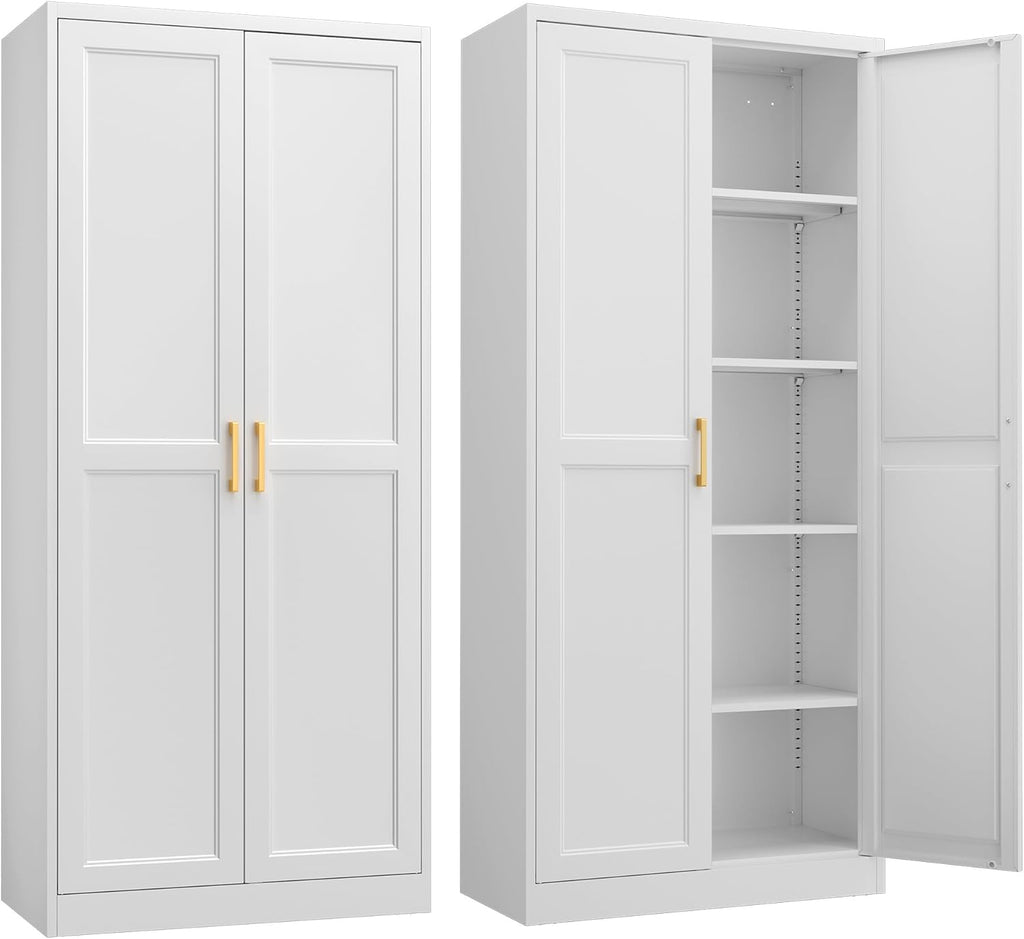 SteeLoong Kitchen Pantry Cabinet,71”White Metal Pantry Storage Cabinet with Doors and 4 Adjustable Shelves,Kitchen Cabinet with 2 Gold Handles,Tall Cabinet for Livingroom,Pantry, Bathroom,Kitchen