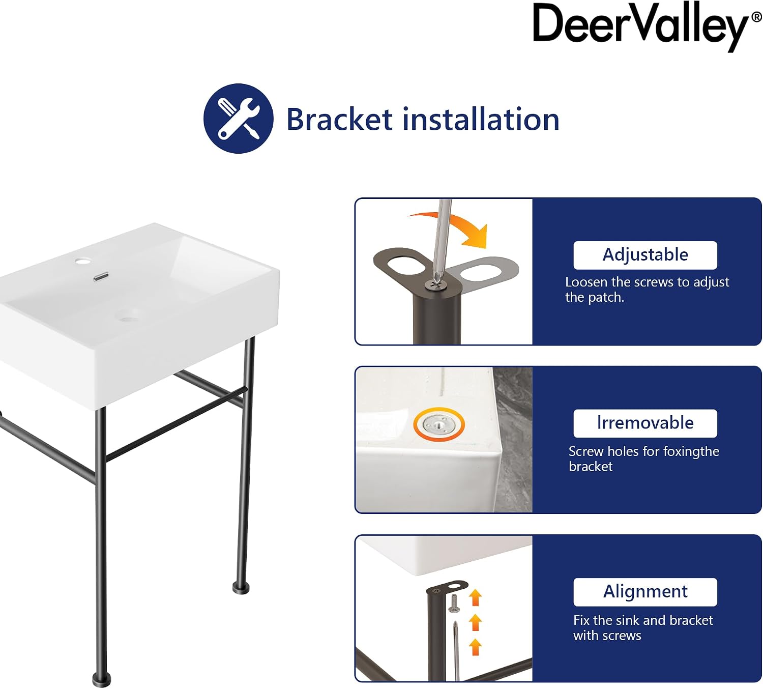 DeerValley 24"x17" Console Bathroom Sink, Free Standing 30 Inch Stainless Steel Support Pedestal Legs, Wall-Mounted White Ceramic Basin, Modern Rectangular Sink Porcelain, Matte Black