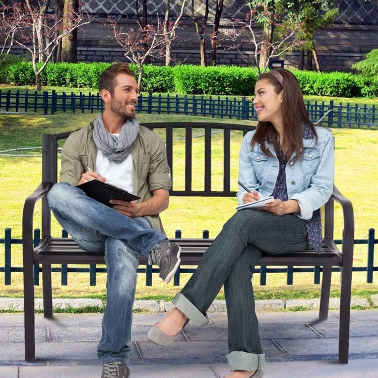Black 50in Outdoor Steel Benches Powder-Coated 2-Person 500lbs Capacity Garden Deck Backyard