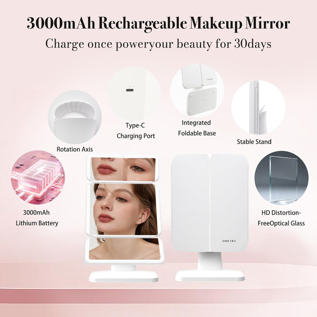 SIMETRA 15.6'' Rechargeable Makeup Mirror with Lights, 156 LED Magnification Vanity Mirror with 3 Colors Lights, 3000mAh Lighted Mirror, Touch Control Trifold Mirror for Women Travel Desk