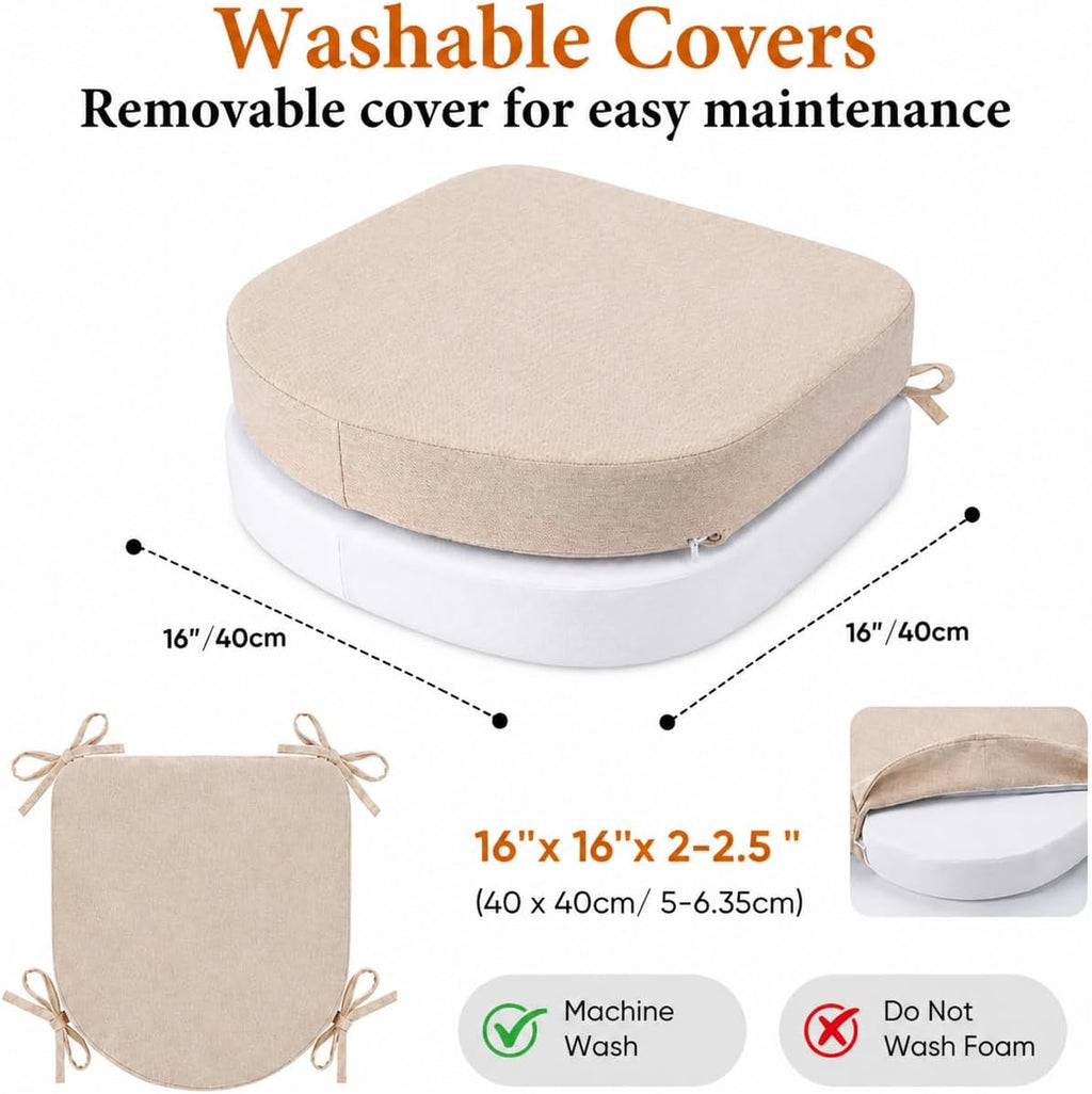 Memory Foam Chair Cushions for Dining Chairs, 2.5" Thick Seat Cushions for Kitchen Chairs, D-Shaped Chair Pads with Washable Cover, Ties and Non Slip Backing, 17'' x 16'', Set of 4, Beige