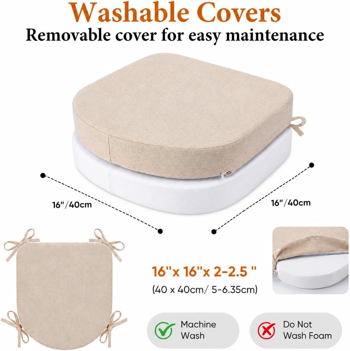 Memory Foam Chair Cushions for Dining Chairs, 2.5" Thick Seat Cushions for Kitchen Chairs, D-Shaped Chair Pads with Washable Cover, Ties and Non Slip Backing, 17'' x 16'', Set of 4, Beige