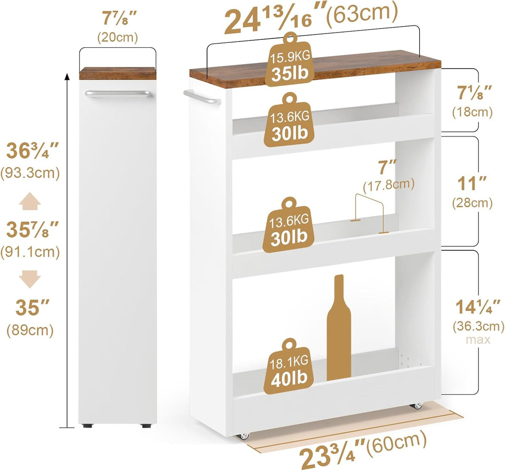 TEAMIX 4 Tier Slim Rolling Storage Cart with Wheels, 24.8D x 7.9W Inches, Height Adjustable, Deeper Utility Cart with Handle Narrow Shelf Organizer for Kitchen Laundry Bathroom Pantry Office (White)