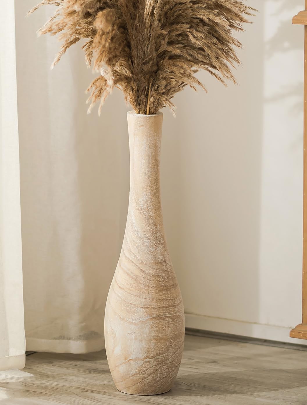 Hanobe Wood Tall Floor Vase: 22 Inch Slender Beige Boho Vase for Pampas Grass - Decorative Large Vases for Farmhouse Living Room Corner Entryway Fireplace Home Decor