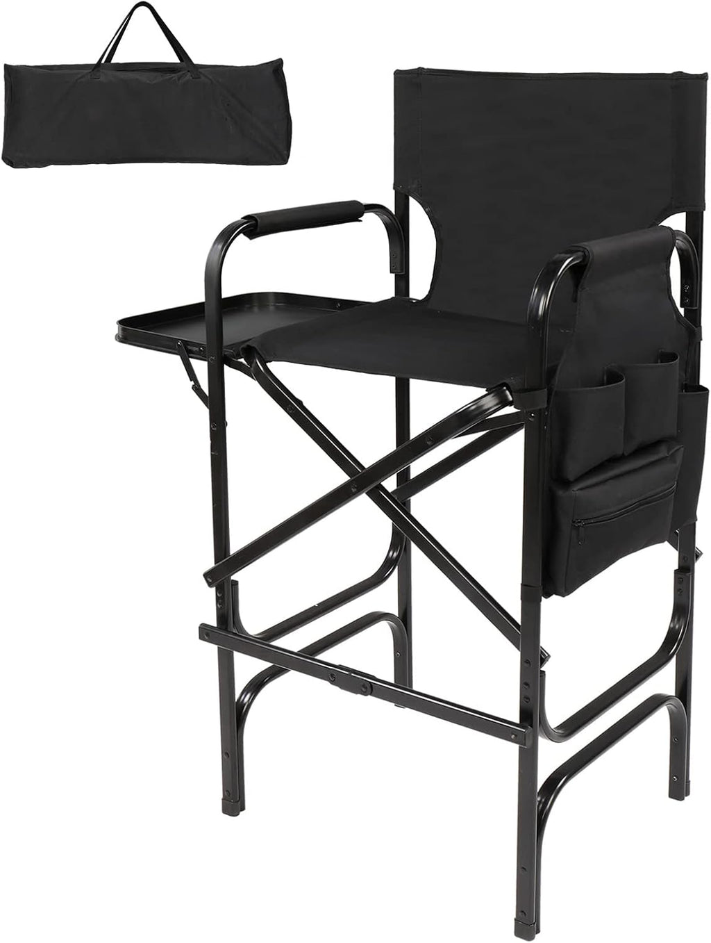 mefeir 30" Tall Directors Chair Black Folding with Side Table Storage Bag,Portable Makeup Artist Bar Height, Aluminum Frame 300 lbs Capacity, 19.2" D x 23.6" W x 45.6" H