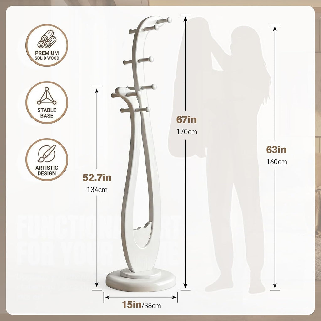Heavy Duty Solid Wood Coat Rack Freestanding, 67" Artistic Curved Coat Tree with 12 Anti‑Slip Hooks & Stable Base, Sturdy Coat Hanger Stand for Entryway, Bedroom & Office, Vintage Natural Wood