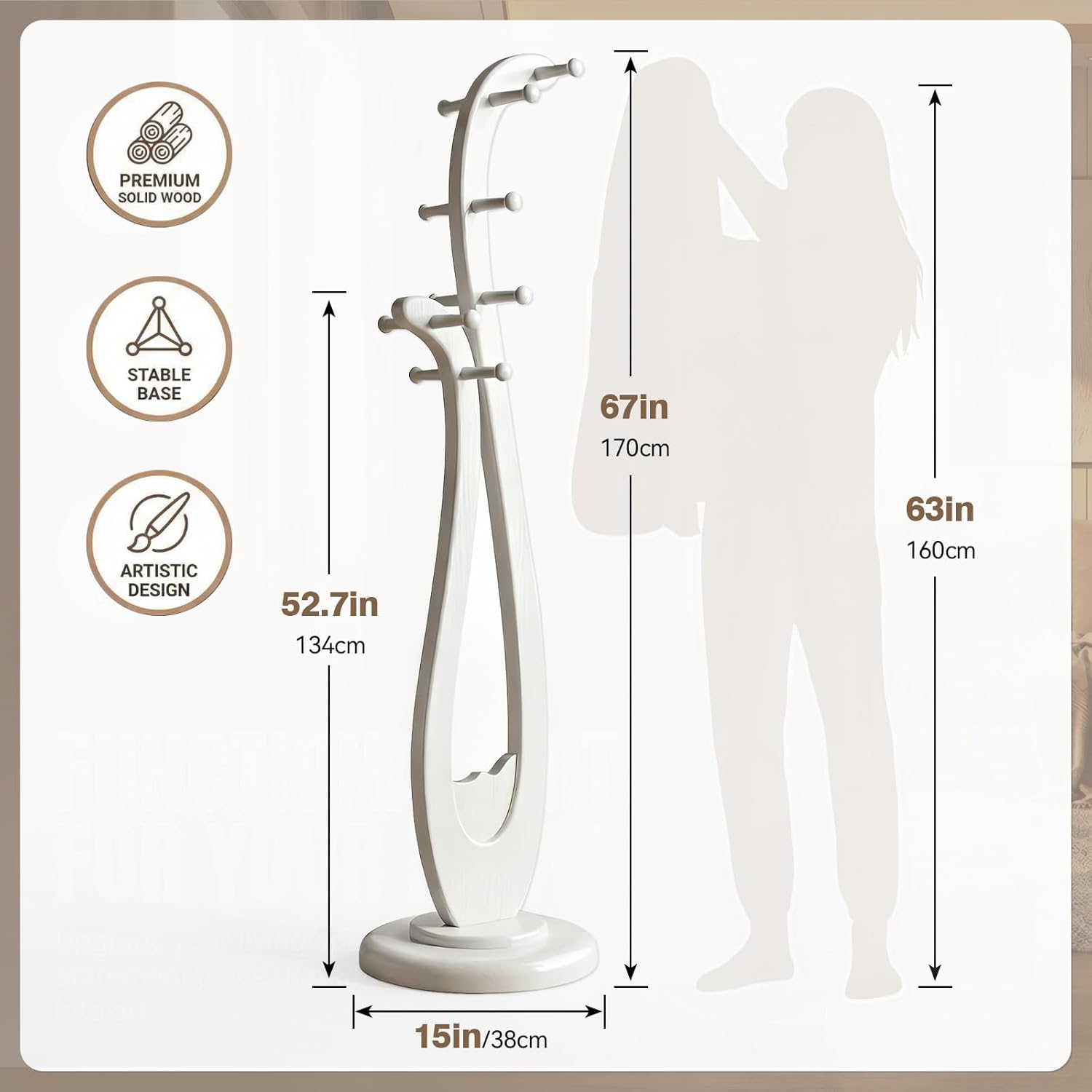 Heavy Duty Solid Wood Coat Rack Freestanding, 67" Artistic Curved Coat Tree with 12 Anti‑Slip Hooks & Stable Base, Sturdy Coat Hanger Stand for Entryway, Bedroom & Office, Vintage Natural Wood
