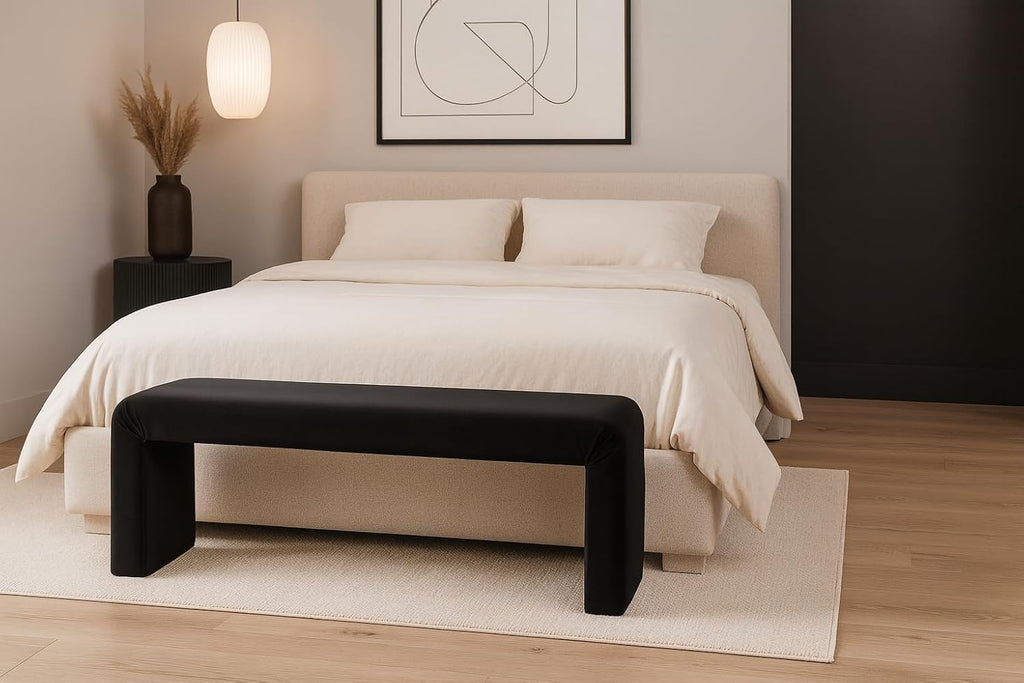 Meridian Furniture Minimalist Collection Modern | Contemporary Velvet Upholstered Bench, 53" W x 14.75" D x 18.25" H, Black