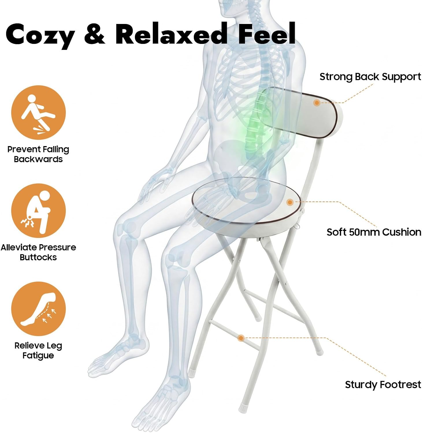 YIYIBYUS 2 Pcs Folding Bar Stools with Back, 25.6 Inch Height Portable High Chair, Foldable Stool Chair for Outdoor Indoor Kitchen Shop Cafe (White)