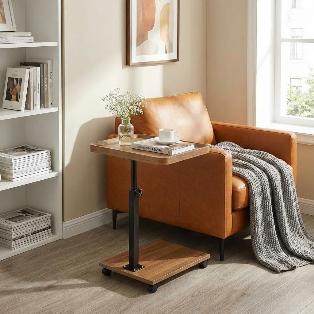 C Shaped End Table with Natural Wood Top & Wheels, Adjustable Height Side Table That Slides Under Couch, Modern Laptop & TV Tray for Sofa, Bed
