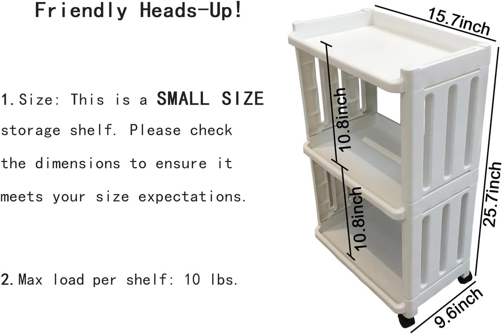 Rolling Storage Utility Cart Slim Organizer Shelf with Wheels 3 Tier Narrow Places Mobile Shelving Unit Tower Rack for Kitchen Bathroom Laundry Room Home Office Bedroom Living Room Washroom, White