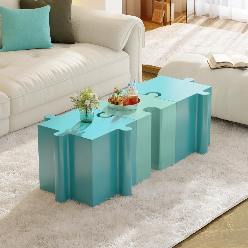 Modular Puzzle-Style Side Table Set with Interlocking Design for Living Room, Bedroom or Office – Sturdy MGO Construction (Light Green -Shape 2)