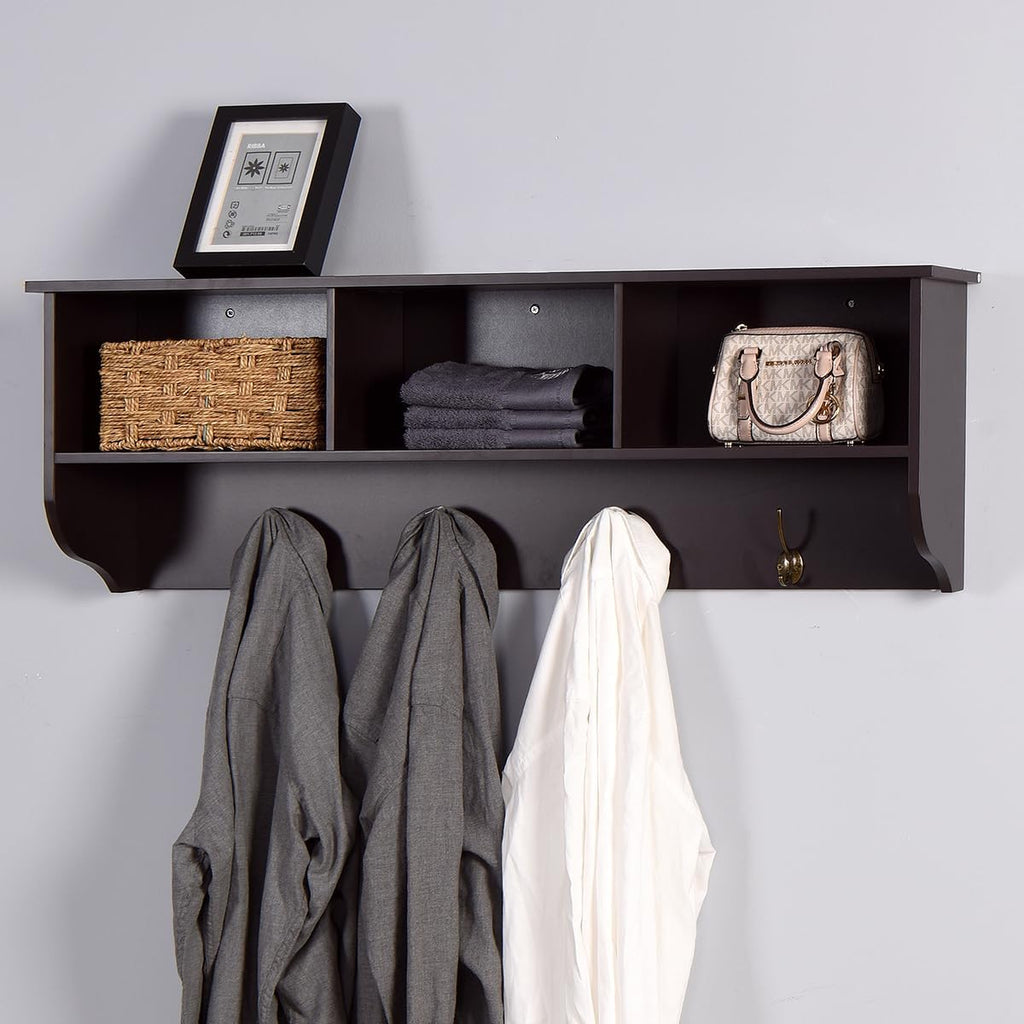 38.6inch Wall Mounted Entryway Coat Rack with Storage Shelf 4 Dual Hooks Wooden Storage Living Room Wall Cabinet with 3 Cubbies Space Saving Hanging Shelf for Hats Bags Coats (Espresso)