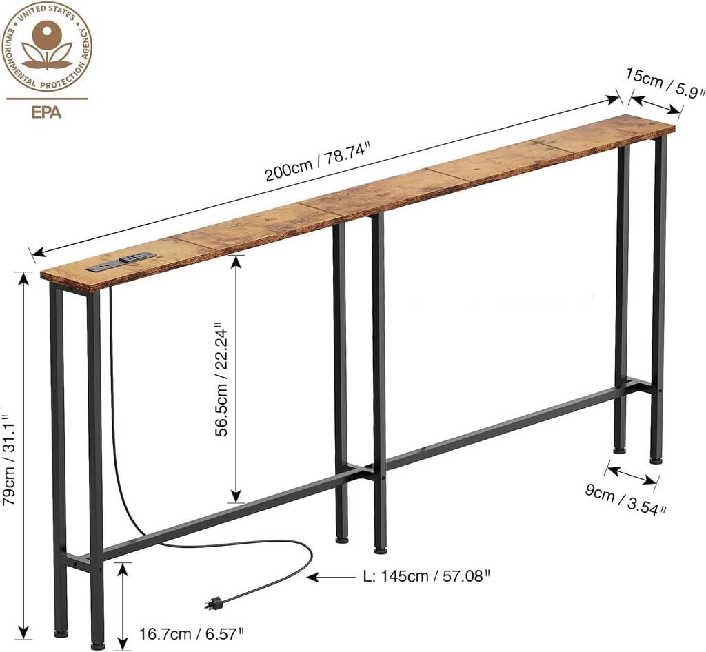 Keelian 78" Narrow Console Sofa Table with Power Outlets & 2 USB Ports, Metal Frame, Rustic Brown, Perfect for Hallway, Office, and Behind Sofa - Easy Assembly, 4.9' Extension Cord Included
