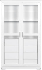 Freestanding Kitchen Pantry with Glass Doors and 4 Built-in Drawers, Large Kitchen Storage Cabinet Display Cabinet Cupboard for Dining Room, Living Room (White)