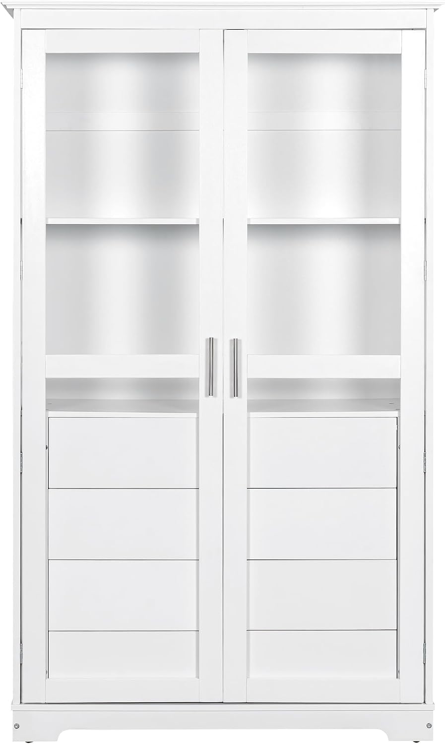 Freestanding Kitchen Pantry with Glass Doors and 4 Built-in Drawers, Large Kitchen Storage Cabinet Display Cabinet Cupboard for Dining Room, Living Room (White)