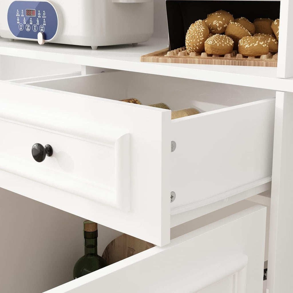 AIEGLE Large Kitchen Pantry Storage Cabinet, Microwave Hutch, Freestanding Cupboard with Glass Doors & Drawers, Utility Cabinet, White, 63"W x 15.7"D x 78.7"H, X-Large