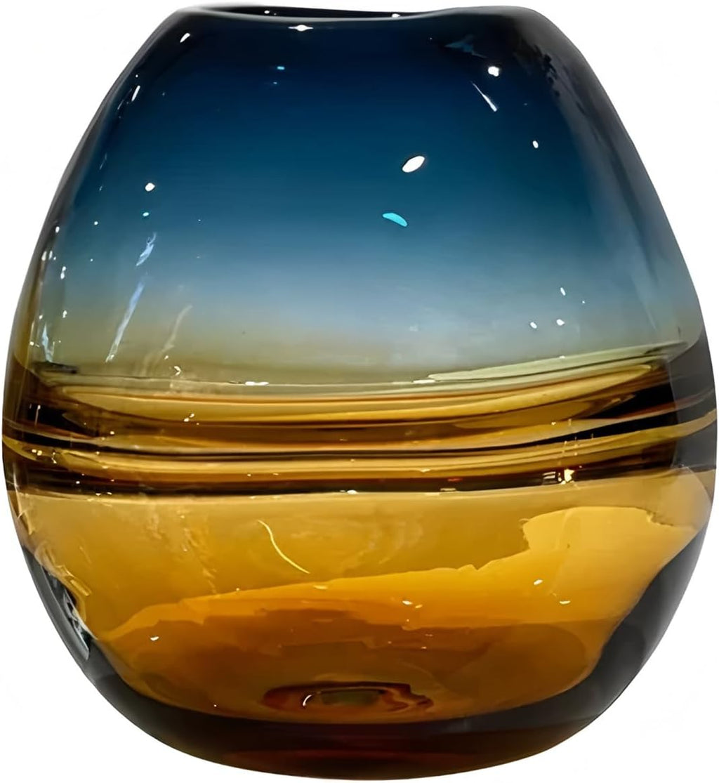 Glass Handmade Decorative Vase Ombre Centerpiece Vase with Yellow Base, Flower Vase for Home Decoration (Low vase)