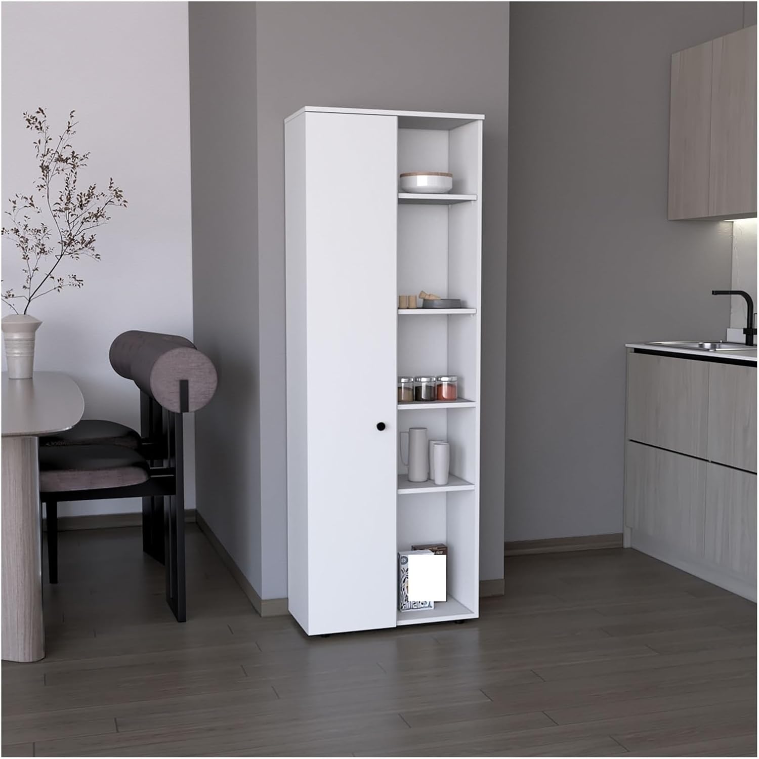 67" H Kitchen Storage Cabinet with One Door, Five Interior Shelves and Five Exterior Shelves,White,for Kitchen