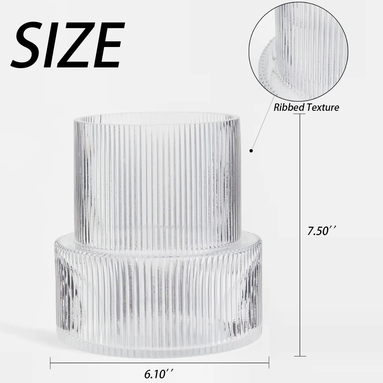 Ribbed Glass Vase, Flower Vase, Fluted Clear Vases for Flowers, Modern Vases for Living Room, Dining Table, Entryway, Shelf, Wedding, Office, Coffee Table, Birthday, 7.5 Inches